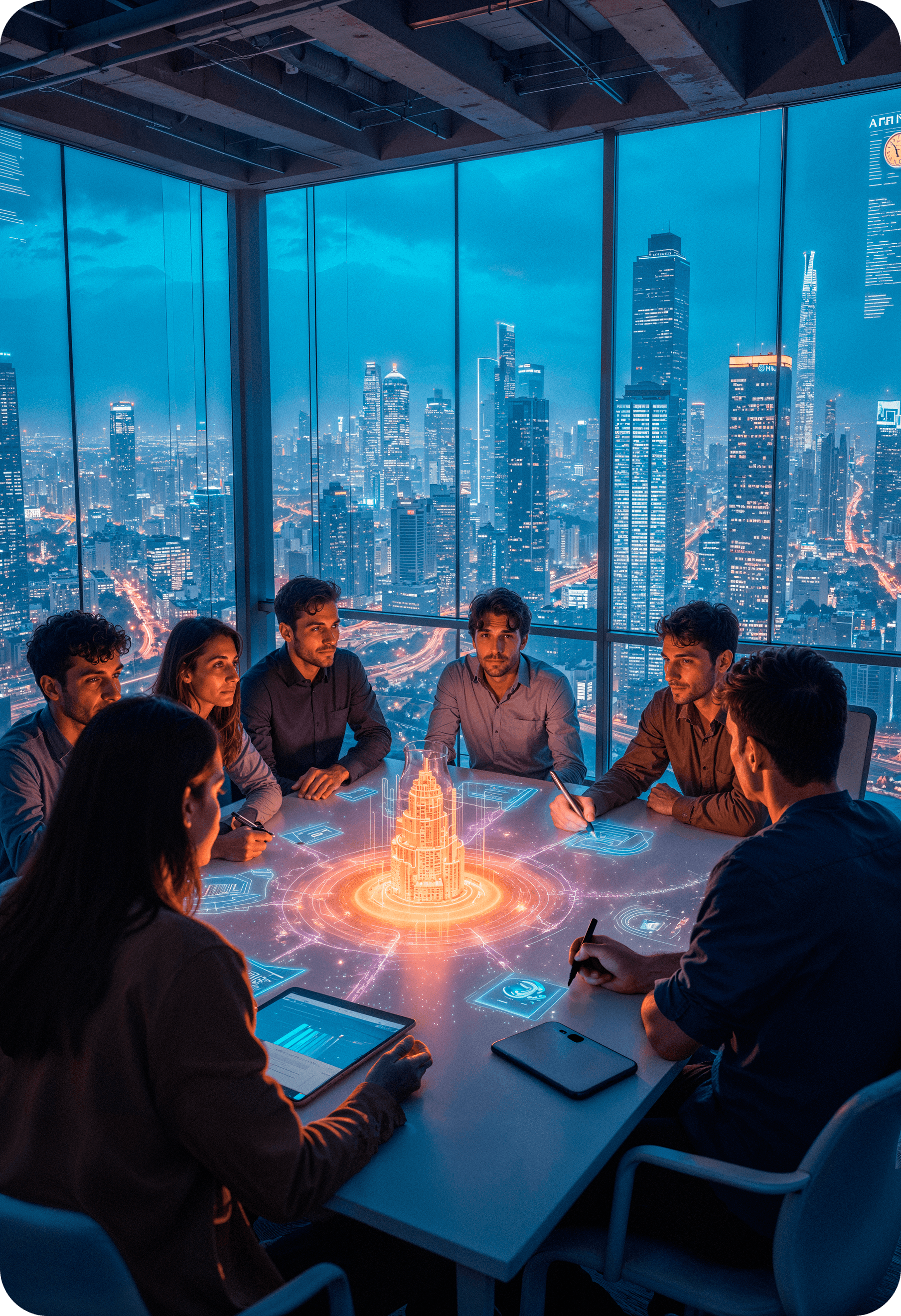 Team collaborating around interactive table with holographic 3D model in modern office